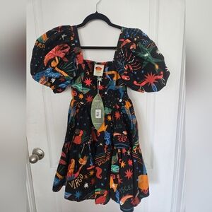 Farm Rio Black Zodiac Print Puff Sleeve Midi Dress RARE FIND!